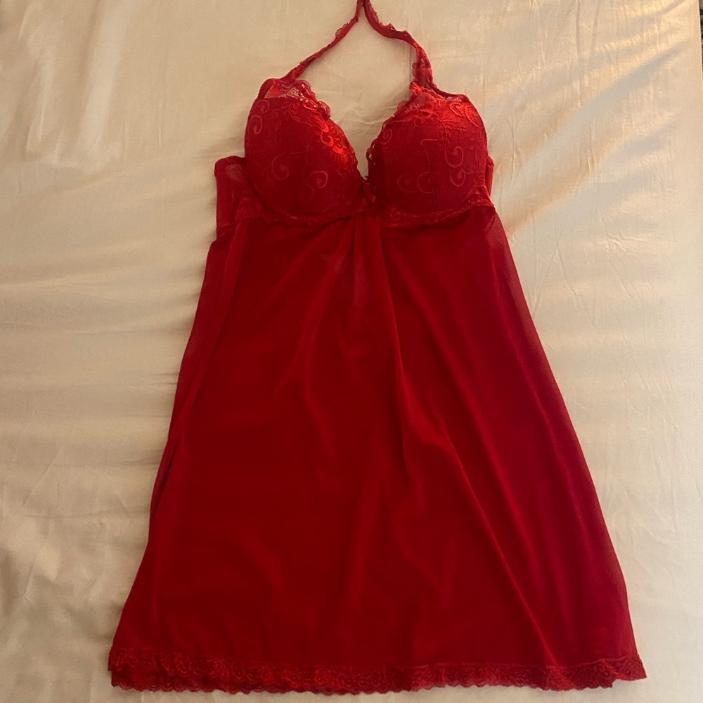 Red mesh and lace halter teddy